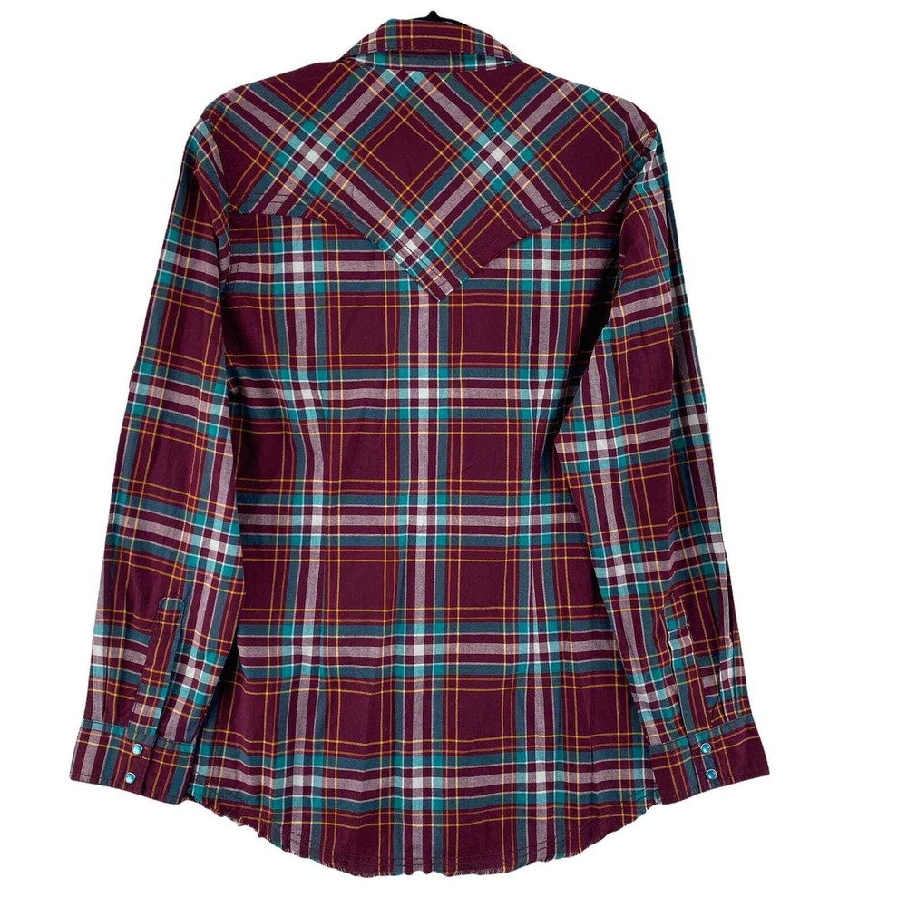 Wrangler Western Shirts Pearl Snap Men Medium Red Plaid Long Sleeve Cotton Blend - Picture 3 of 10